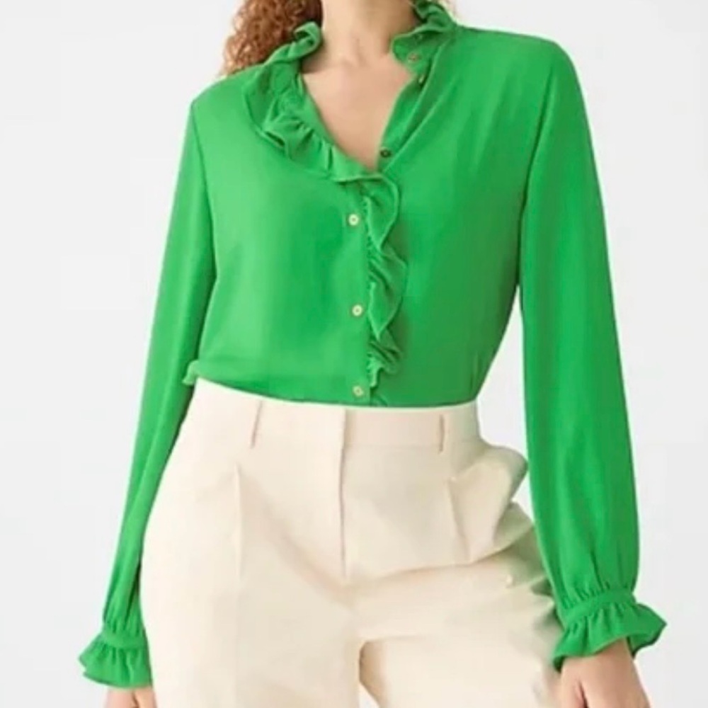 J. Crew Vibrant Green Ruffled Blouse